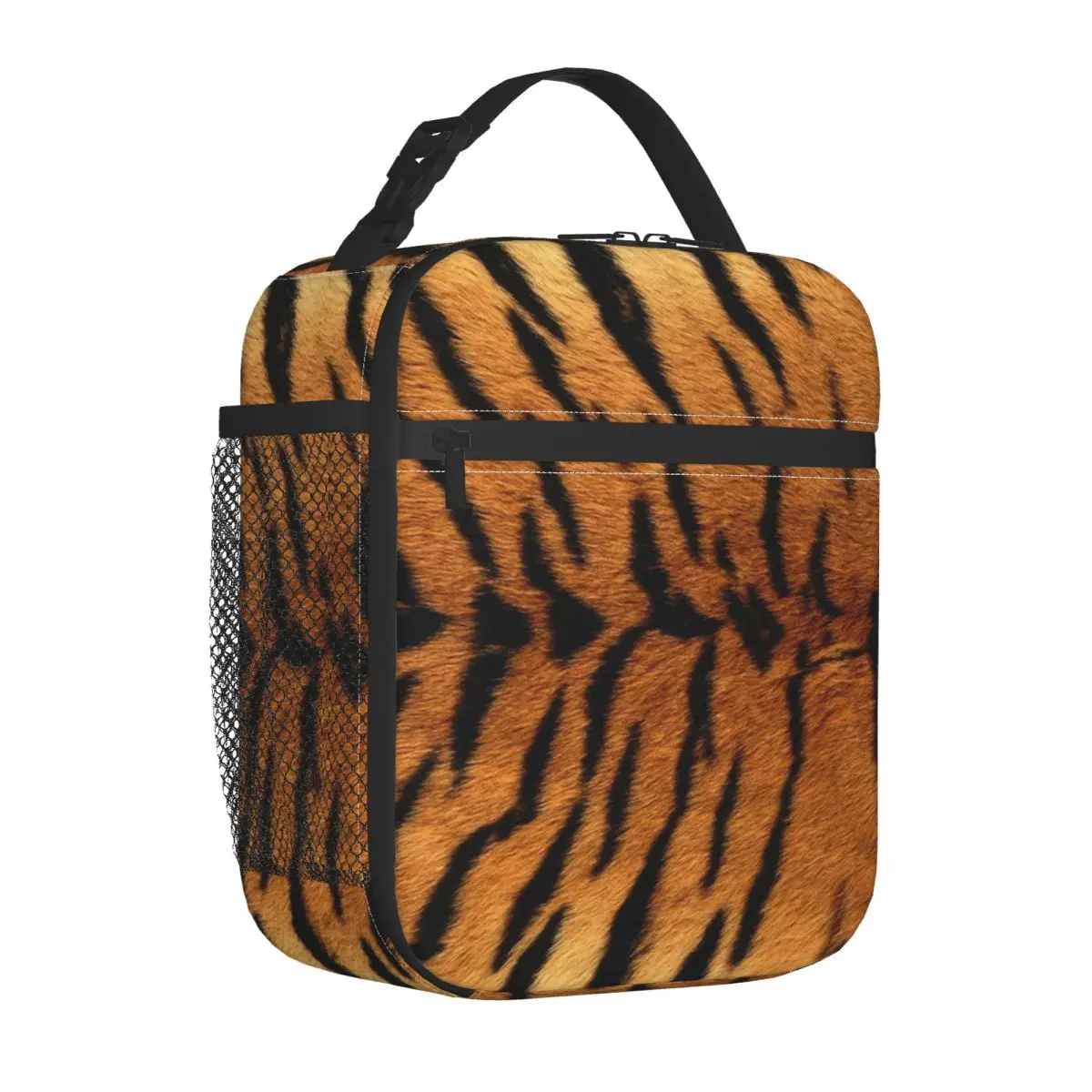 

Tiger Skin Print Lunch Bag with Handle Animal Pattern Beach Mesh Pocket Cooler Bag Clutch Meal Modern Thermal Bag