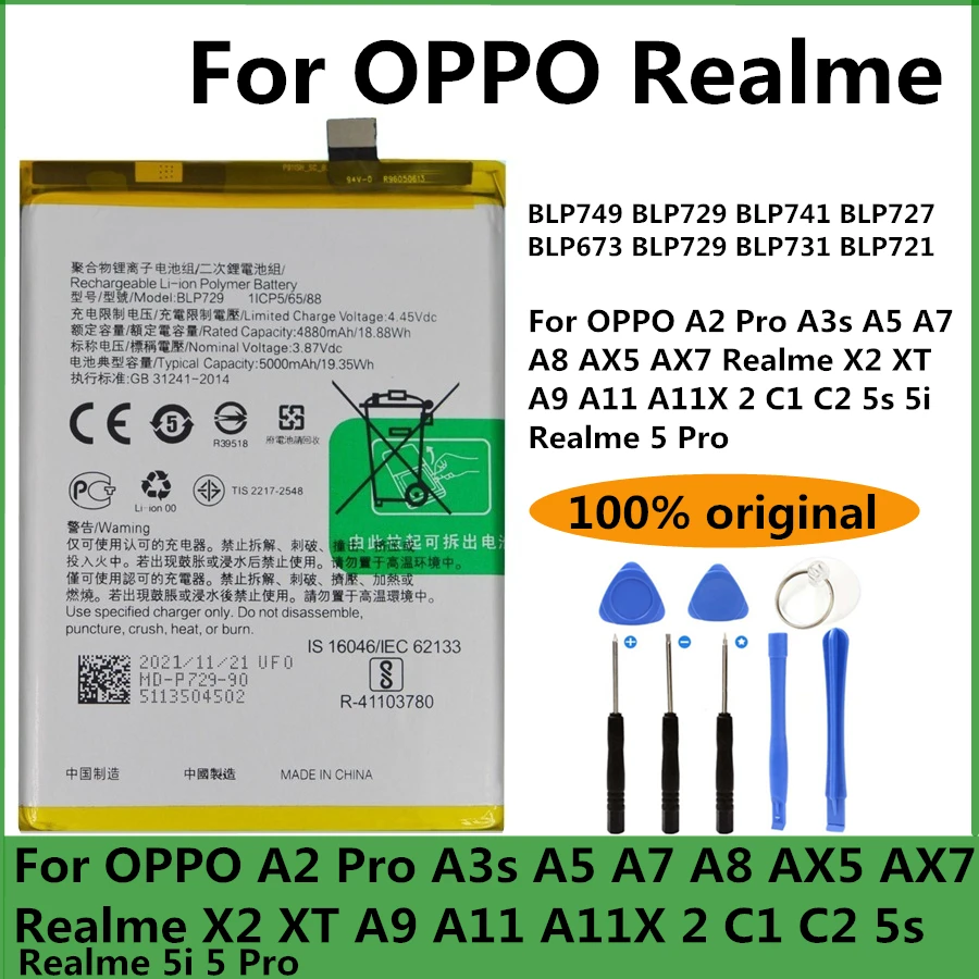 Оригинальный аккумулятор BLP749 BLP729 BLP741 для OPPO A2 A3s A5 A7 A8 AX5 AX7 Realme X2 XT A9 A11 A11X C1 C2 C3 C3i 6 6S
