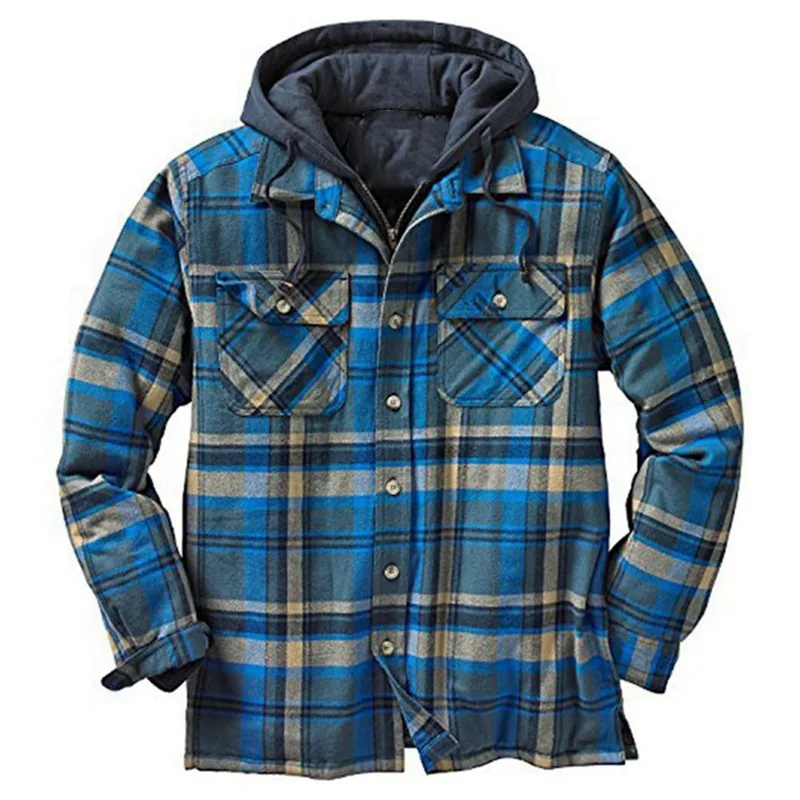 Men Jackets Plaid Long-sleeved Loose Hooded Jacket Shirt Jacket Autumn and Winter Thick Cotton Coat Zip Up Hoodie Coat  Parkas