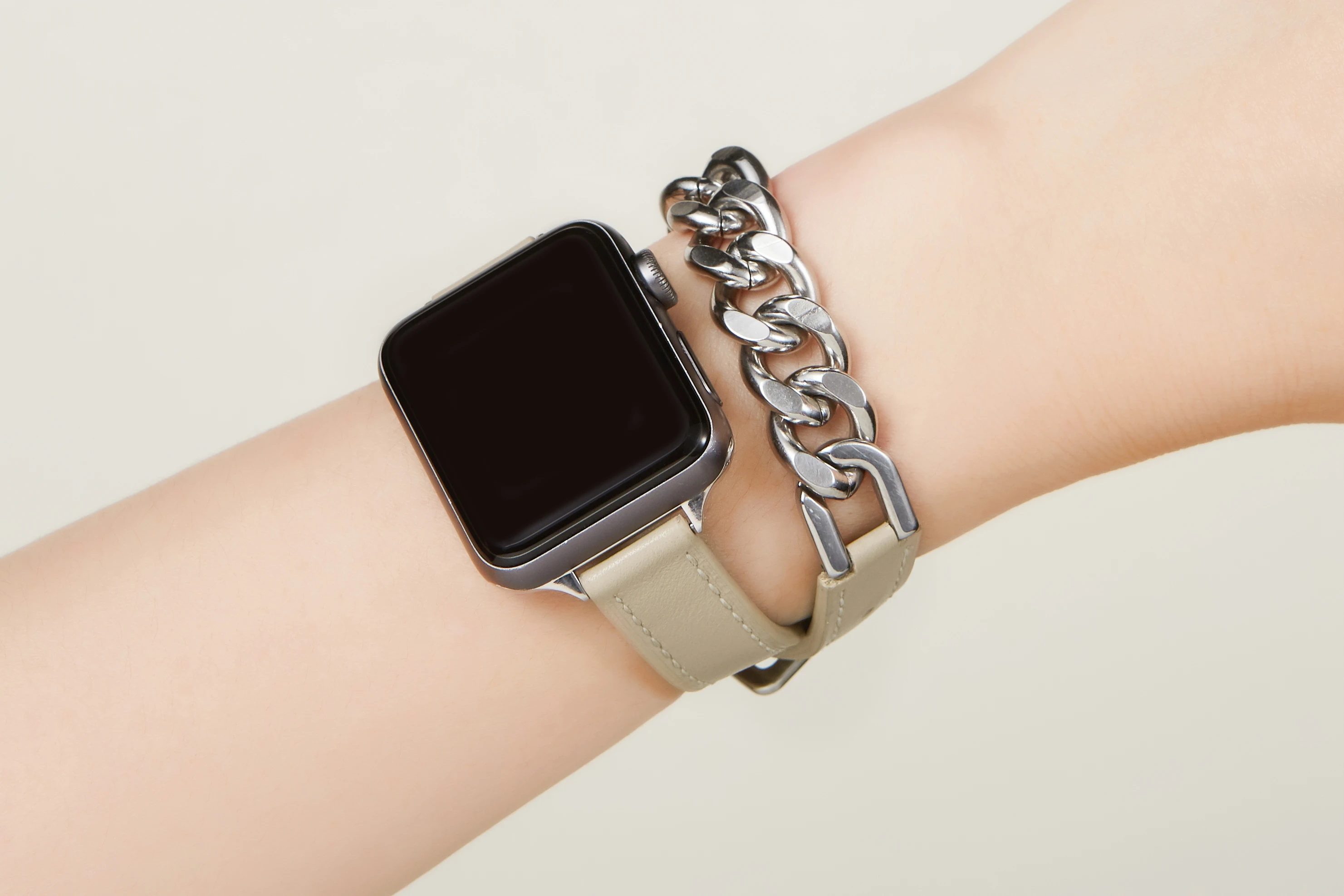 Genuine Leather Strap for Apple Watch Band Series 8 Stainless steel leather bracelet Leather Gourmette Metal Double Tour Strap