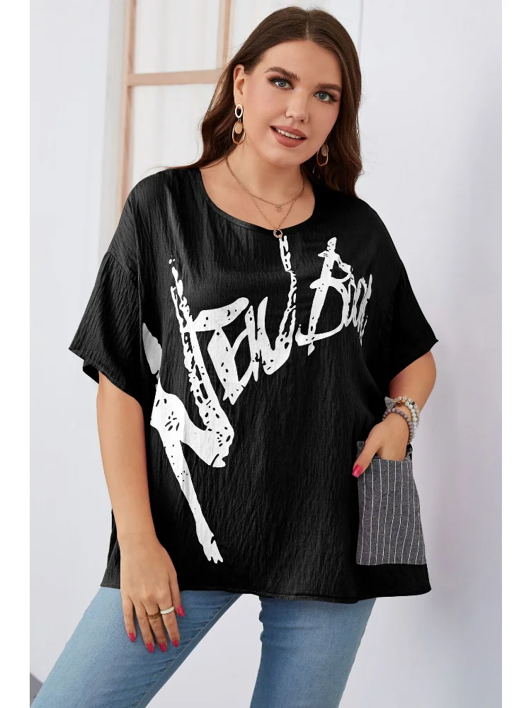 Large Women's Summer Style Commuter Pocket Round Neck Cotton Print Top plus size tee shirt femme grande taille