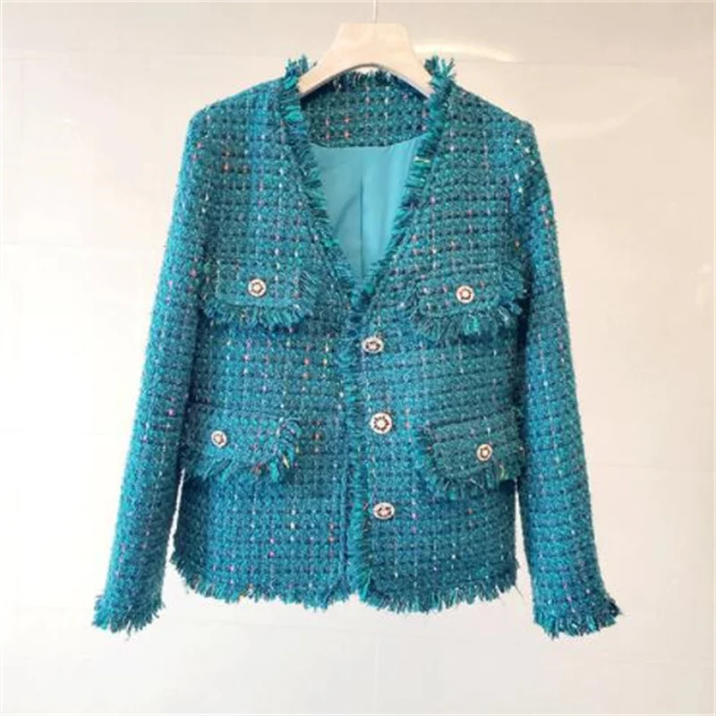 Spring short coat women's jackets autumn new woven tweed fringe clothes blue single-breasted multiple pockets