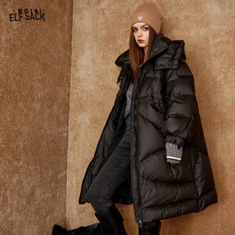ELFSACK Black Warm Down Coats Women 2022 Winter Long Casual Coats