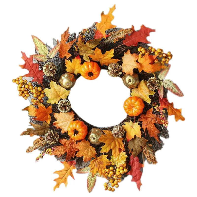 

Осенний венок с кленовыми листьями и тыквой длиной 45 см, искусственное украшение для дома