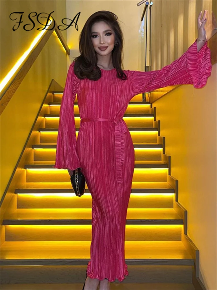 

FSDA Pleated O Neck Long Sleeve Midi Dress Women Autumn Winter Elegant Flare Sleeve Fashion Party Dresses Club Outfits