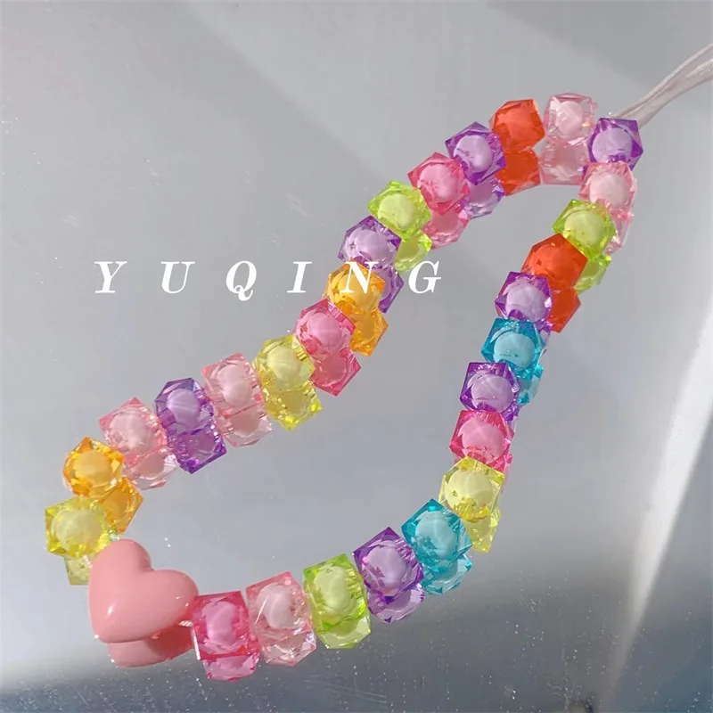

Fashion Colorful Cute Square Irregular Resin Beaded Female Lanyard Anti-Lost Mobile Phone Chain Personality Trend Gift Ornament