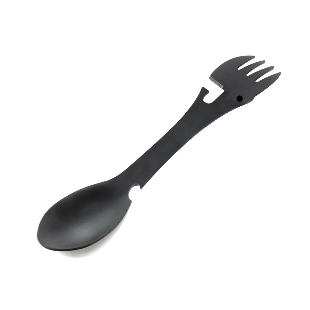 

Outdoor Camping Stainless Steel Multi Function Spoon Fork Tableware Dishware Picnic Cutting Knife Bottle Opener Carabiner