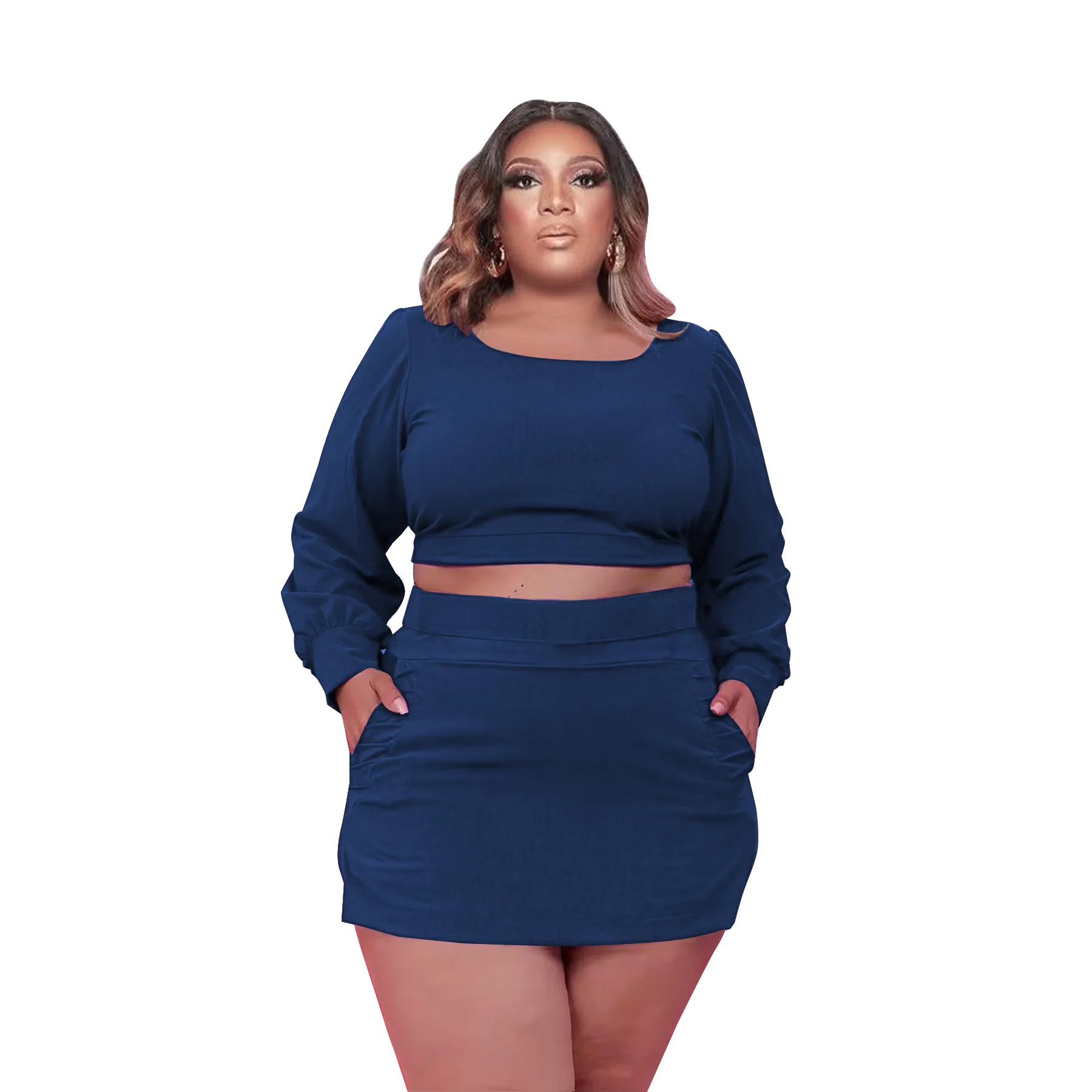 Plus Size Dresses Solid Color Long Sleeve Square Neck Sexy Culottes Sexy Two Piece Set Women Office Lady for Vestidos Slim Fit