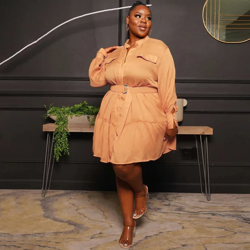 Plus Size Dress Solid O-Neck Blelt  Women's Shirt Long Sleeve Pleated Dress Office Lady for Vestidos Plus Size Women Clothing