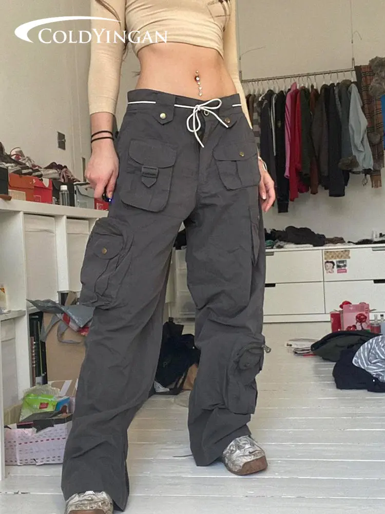 

ColdYingan Grey Big Pockets Cargo Jeans y2k Vintage Low Waisted Buckle Trousers Women Baggy Casual Korean Sweatpants 90s Joggers