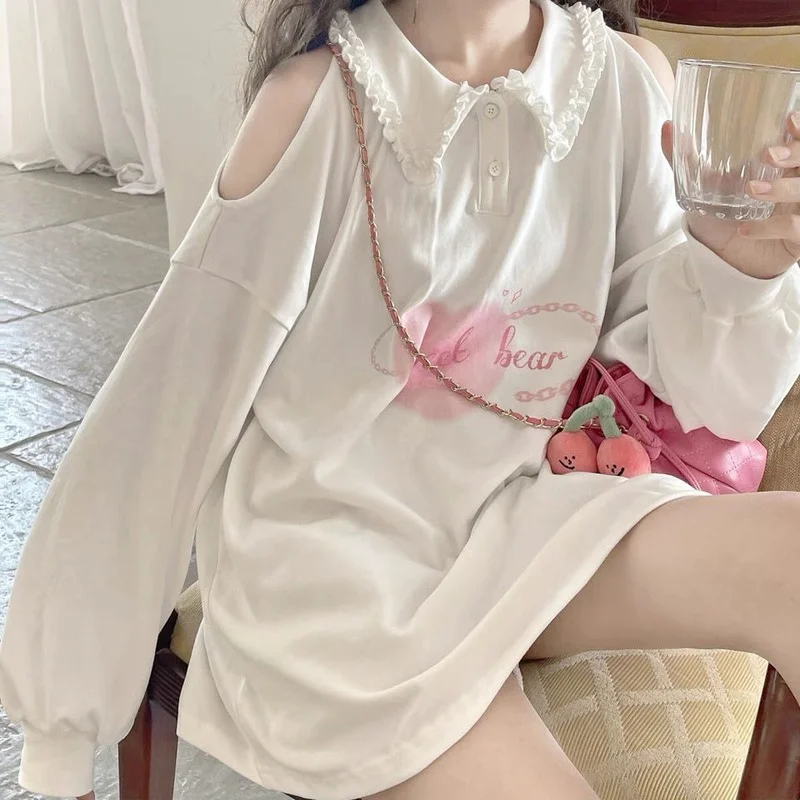 

Милые белые толстовки, женская футболка в японском стиле, толстовка с длинным рукавом и открытыми плечами с милым принтом сердечек, мягкий модный корейский топ для девушек