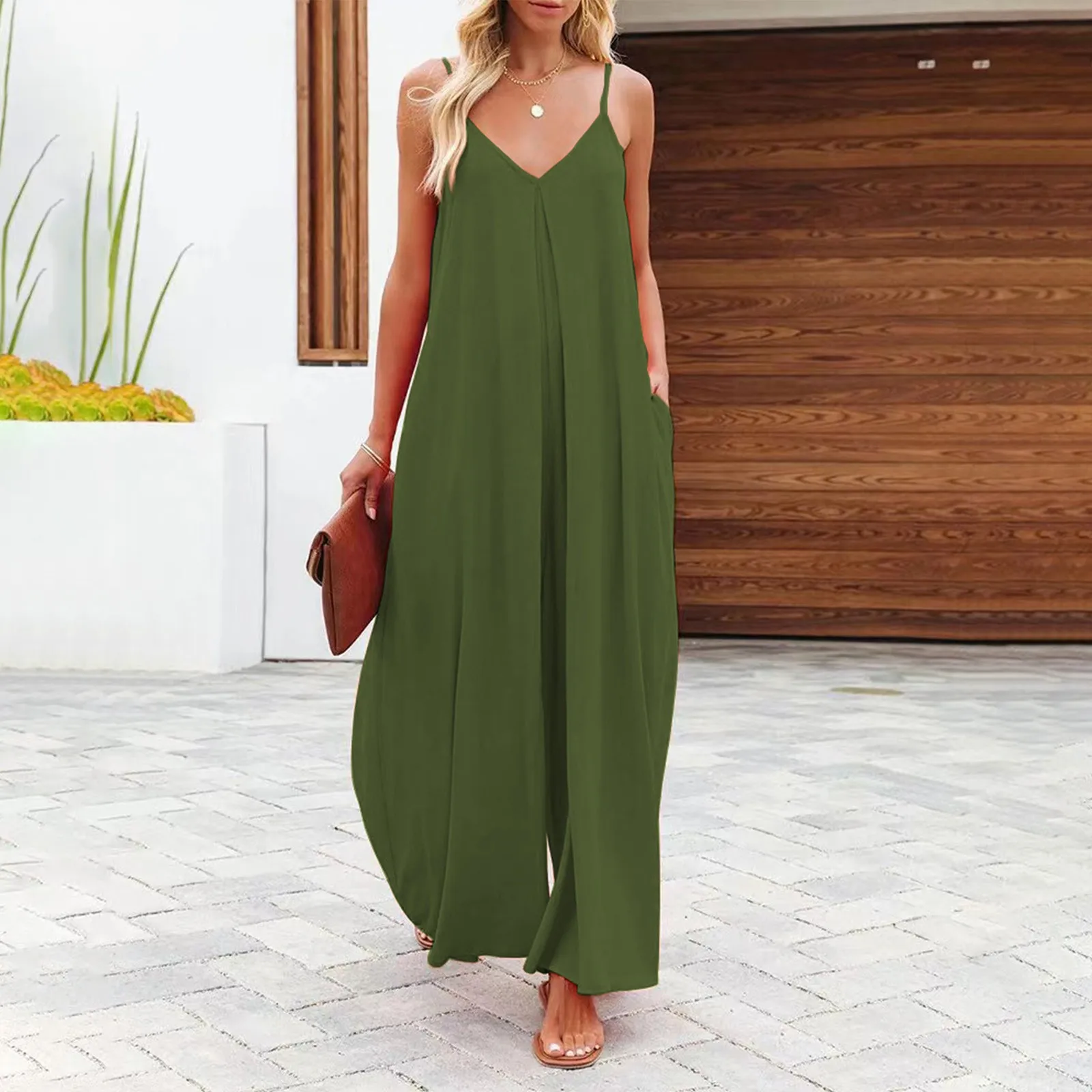 

Women'S Large Size Jumpsuit Casual Tie Solid Color Suspenders Loose Sleeveless Rompers With Pocket Casual Summer Jumpsuit