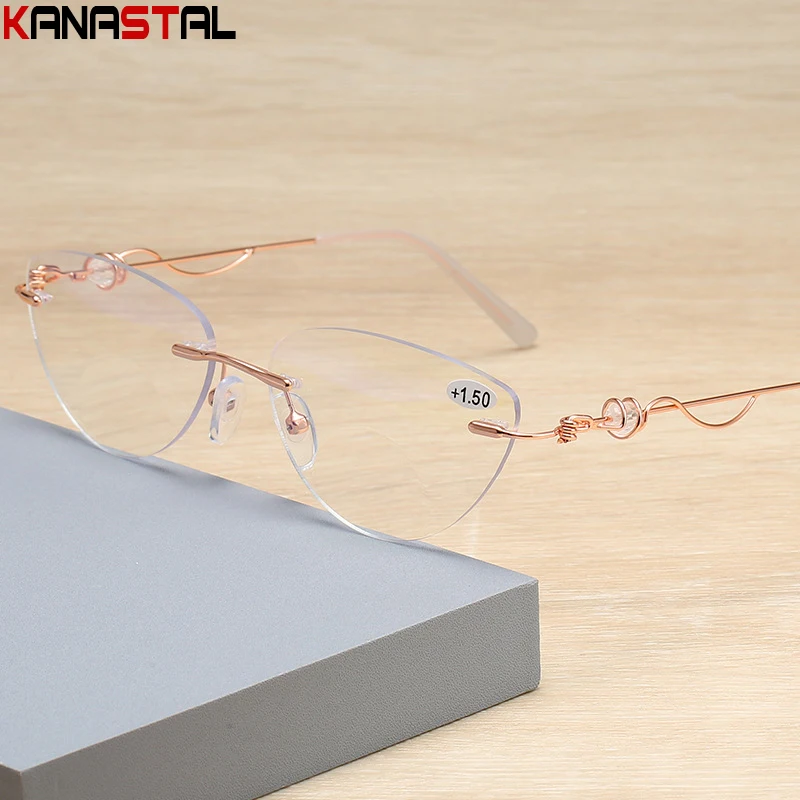 Women's Anti Blue Light Blocking Reading Glasses Rimless Diamond Cut Lens Metal Frame Eyewear Men Hyperopia Presbyopic Glasses