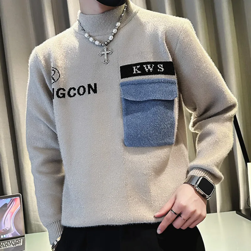 

Half Neck Slim Sweater Pullover Sweater Letter Personality Splicing Striped Knitted Sweater Mens Herren Pullover Ropa De Hombre