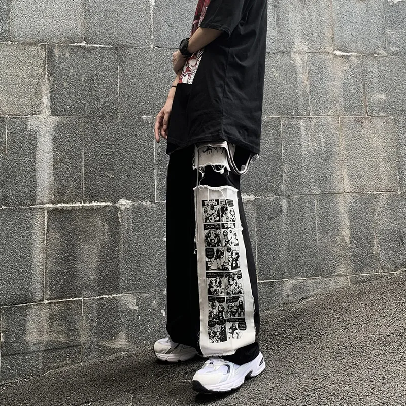 Gothic Punk Cargo Pants Anime Patch Pants For Men Women High Waist Black Trousers Wide-Leg Casual Pant Harajuku Y2k Male Bottoms