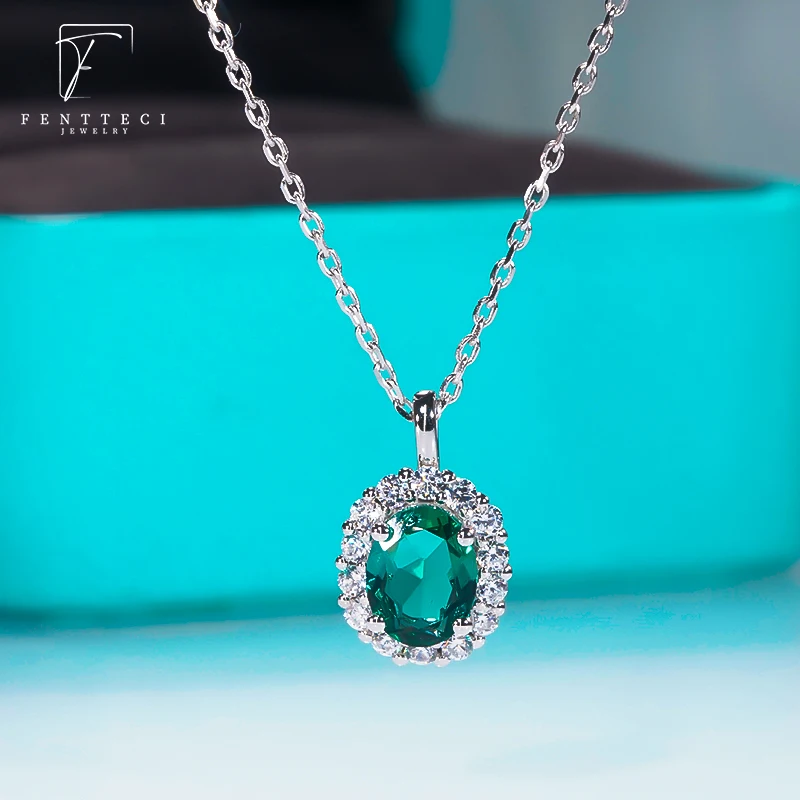 FENTTECI Classic S925 Sterling Silver High-end Luxury Emerald Necklace Zircon Gemstone Pendant for Women Jewelry Gift