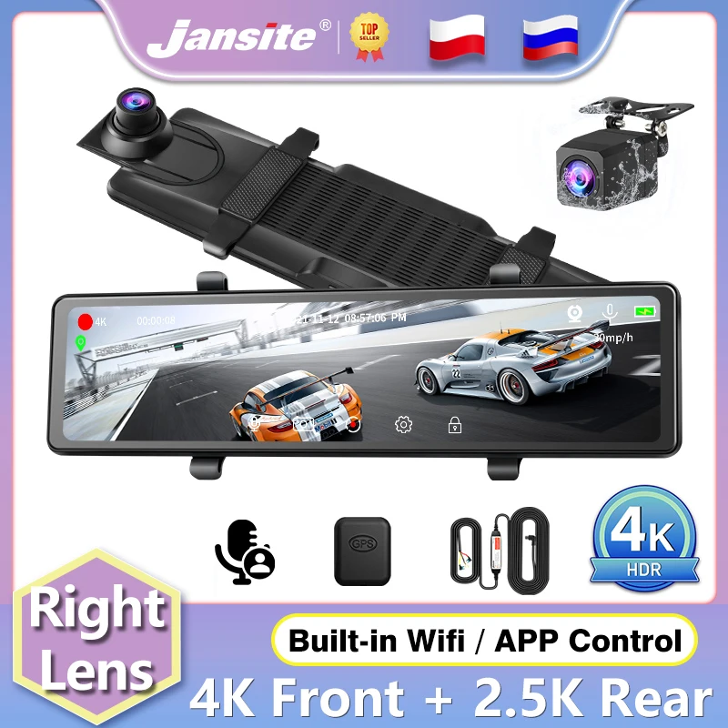 

Jansite 11.26-inch Car DVR 4K+2.5K Dash Cam Right Lens Voice Control Recorder Dual Lens Rear View Camera GPS Track Playback Wifi