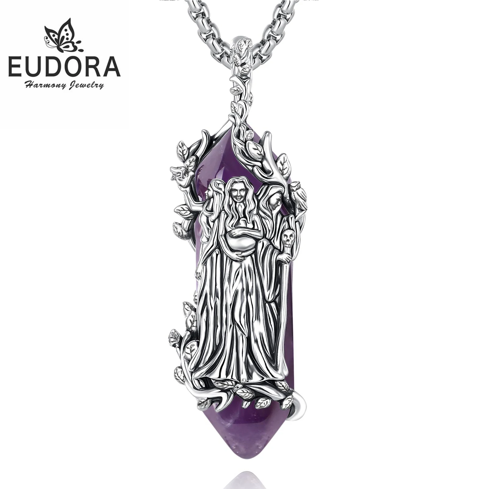 Фото Ожерелье Eudora Triple Moon Goddess с натуральным аметистом, кулон-амулет с изображением Хекаты, лечебный камень, духовный подарок для женщин №1