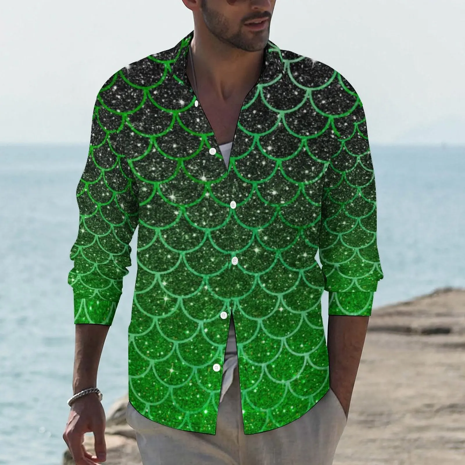 

Green Mermaid Scales Shirt Ombre Glitter Print Casual Shirts Long Sleeve Custom Y2K Blouses Autumn Trending Oversized Top