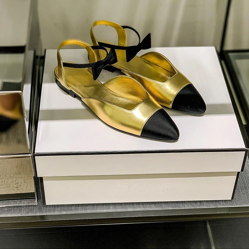 Women Mary Jane shoes Trendy Round Toe Bowknot Color Matching Sandal Elegant Slingbacks Shoes Luxury Design Gold Flats Pumps