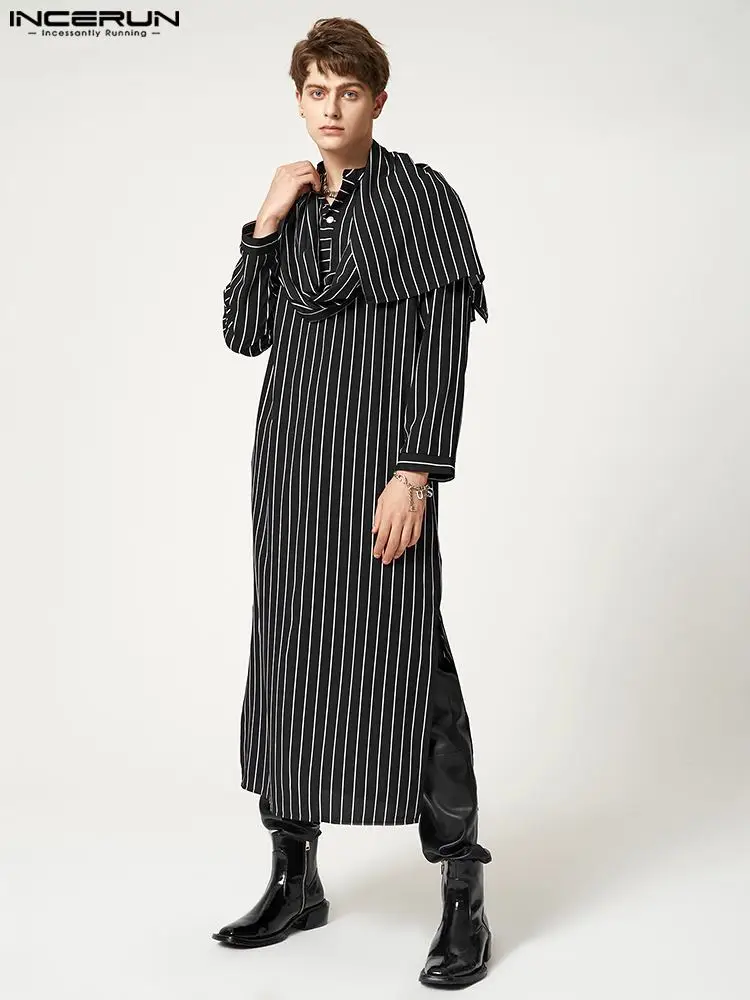 

Muslim Style New Men Long Robe INCERUN Wrapped Striped Jubba Thobe Fashion Casual Male Ring Leader Pendulum Fork Robe S-5XL 2022