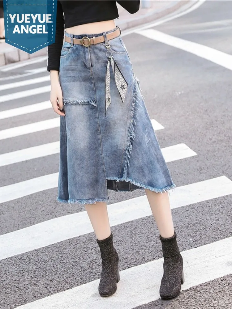 

High Street Women Denim Skirt Fashion Patchwork Tassel Asymmetrical A-Line Skirts 5XL OL Style Ladies Vintage Skirts Knee Length