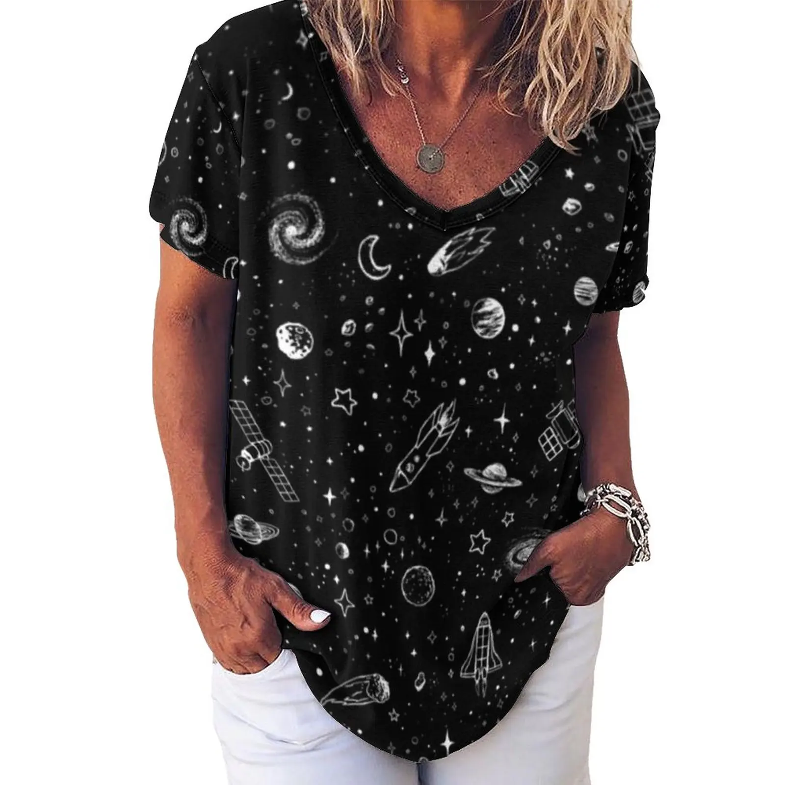 

Футболка женская с принтом Луны и звезд, модная большая уличная одежда с V-образным вырезом, с космическим принтом