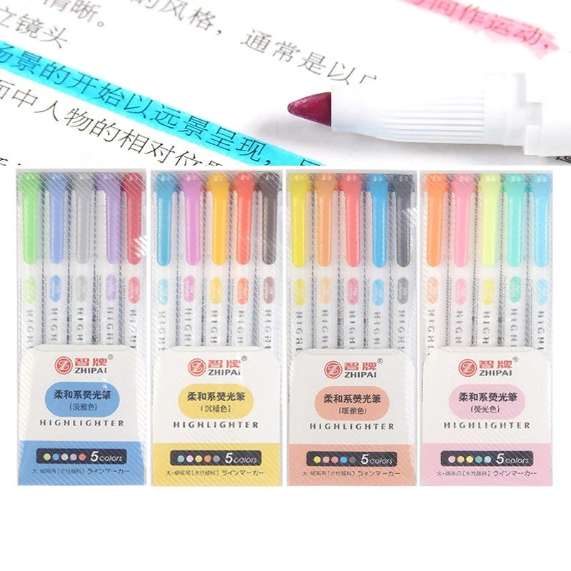 

5 Colors/box Double Headed Highlighter Pen Set Fluorescent Markers Highlighters Pens Art Marker Japanese Cute Kawaii Stationery