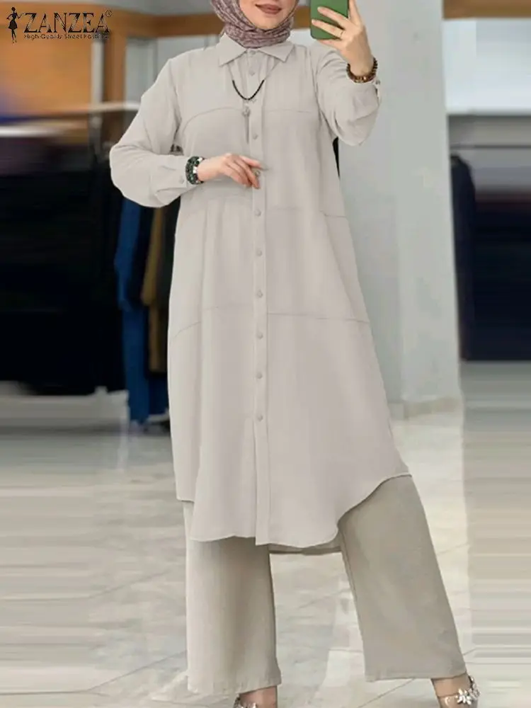 Модная мусульманская рубашка ZANZEA женские топы с отложным воротником и длинным