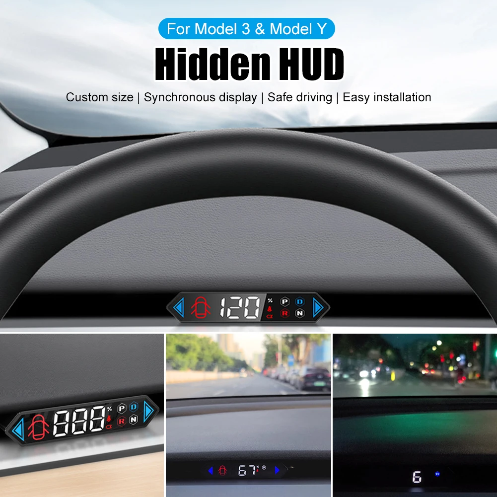 

For Tesla Model 3/Y 2019-2022 HUD Digital Head-Up Display Speedometer Gear Door and Safety Belt Reminder Battery Indicator