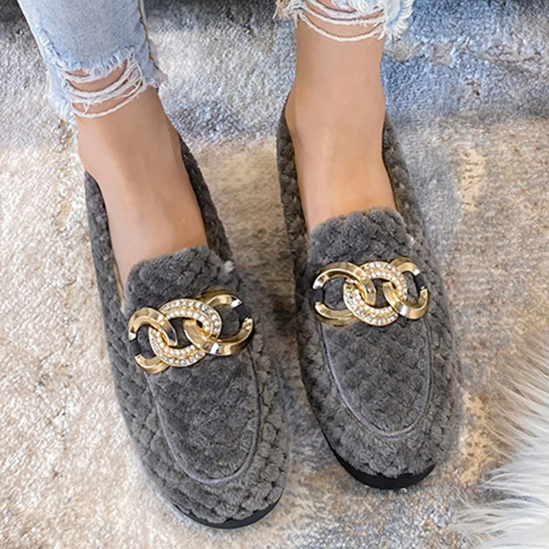 Fashion Chain Design Winter Warm Women's Plush Flat Shoes Outdoor  Loafers Office Wear Home Snow Boots Large Size 41-43 shoes