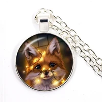 kawaii fox pendant rope necklace cute animal glass cabochon choker craft vintage jewelry gift for girls