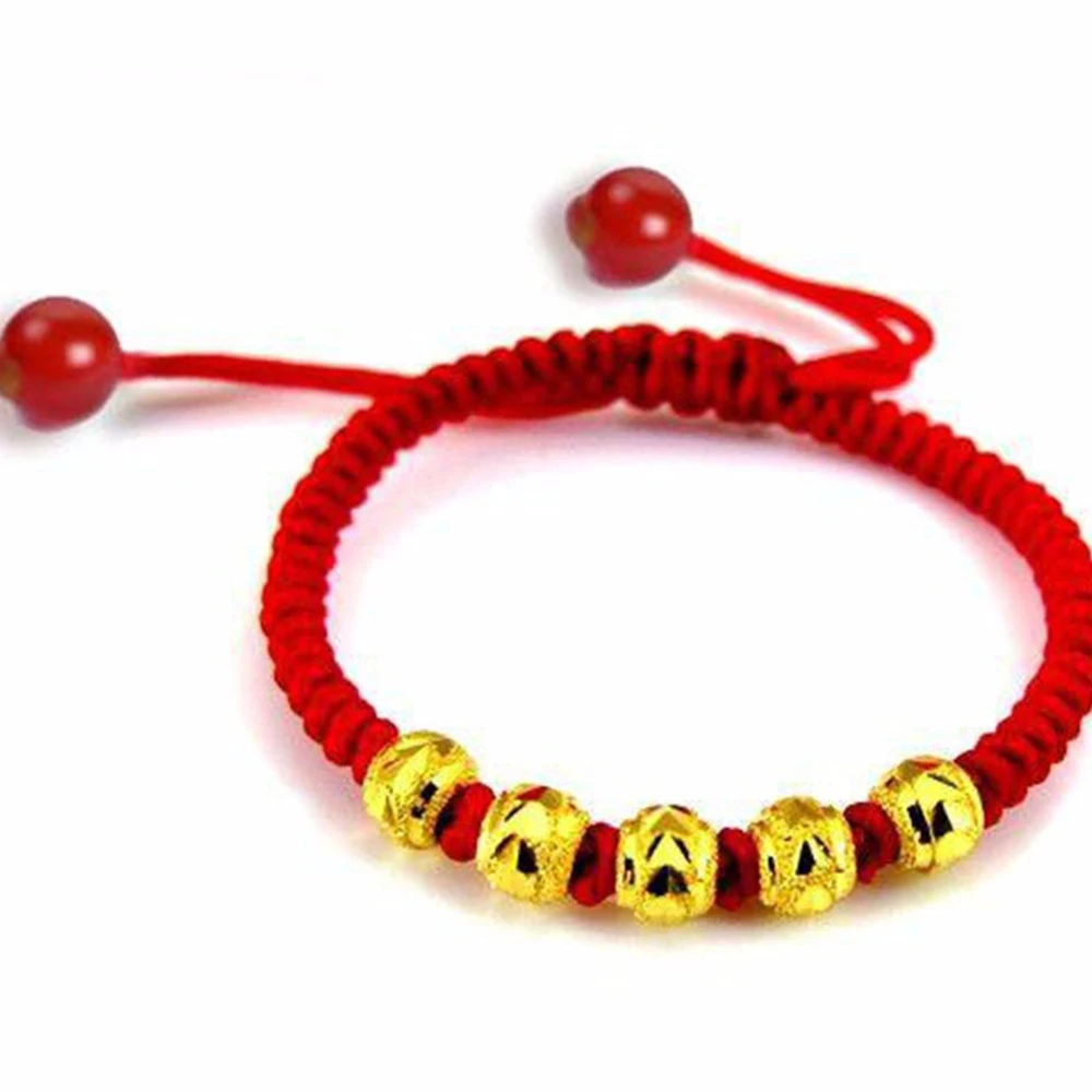 

1pcs 999 24K Yellow Gold Bracelet For Women 4mm Carved Bead Handmade Red String Bracelets Baby Gift