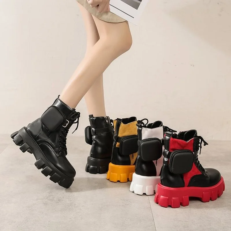 

Women Pocket Boot Lace Up Ladies Ankle Boots Female Buckle Strap Black Chunky Sole Pouch Ankle Boots Woman Platform Goth Shoes
