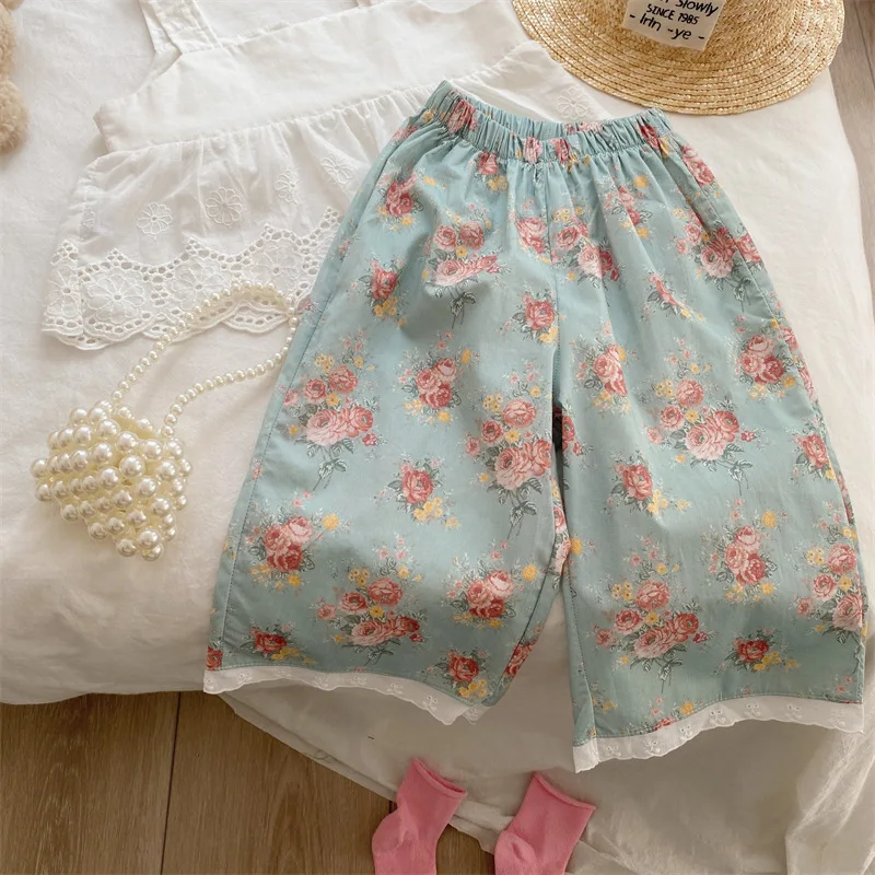 

Детские штаны, Новинка лета 2023, Цветочные штаны в Корейском стиле, хлопковые кружевные милые повседневные Простые штаны принцессы для девочек