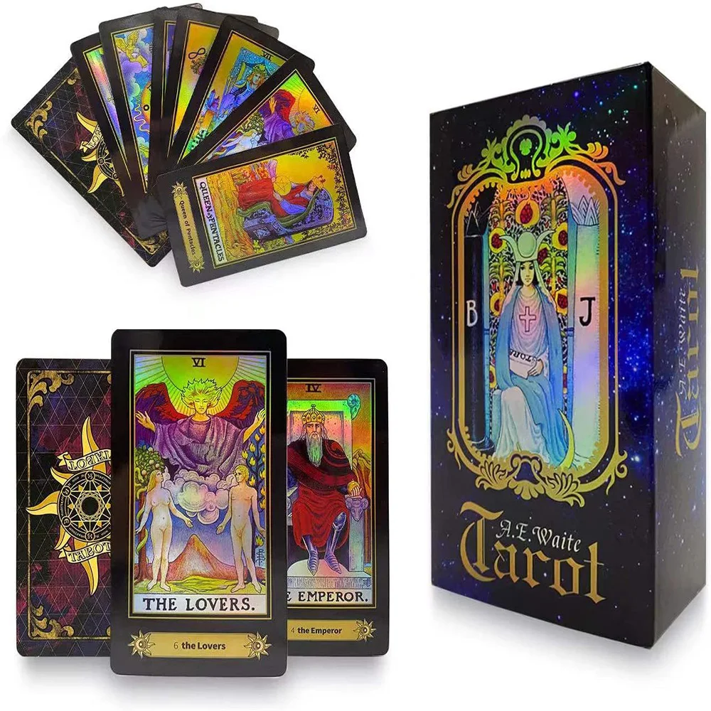 

Shinning English Holographic Tarot Cards for Beginners with Guide Book Board Games Catan Runes Psychology Fate Spiritual Deck