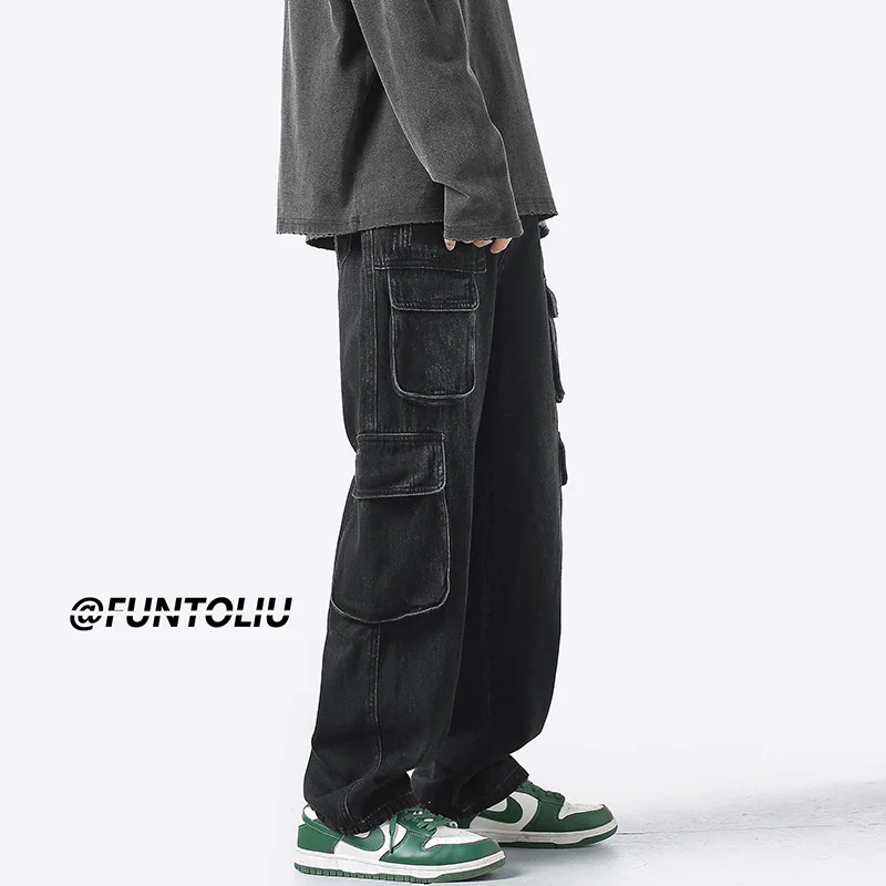 Blue Black Baggy Cargo Jeans Men Fashion Casual Pocket Jeans Men Streetwear Hip Hop Loose Straight Denim Pants Mens Trousers
