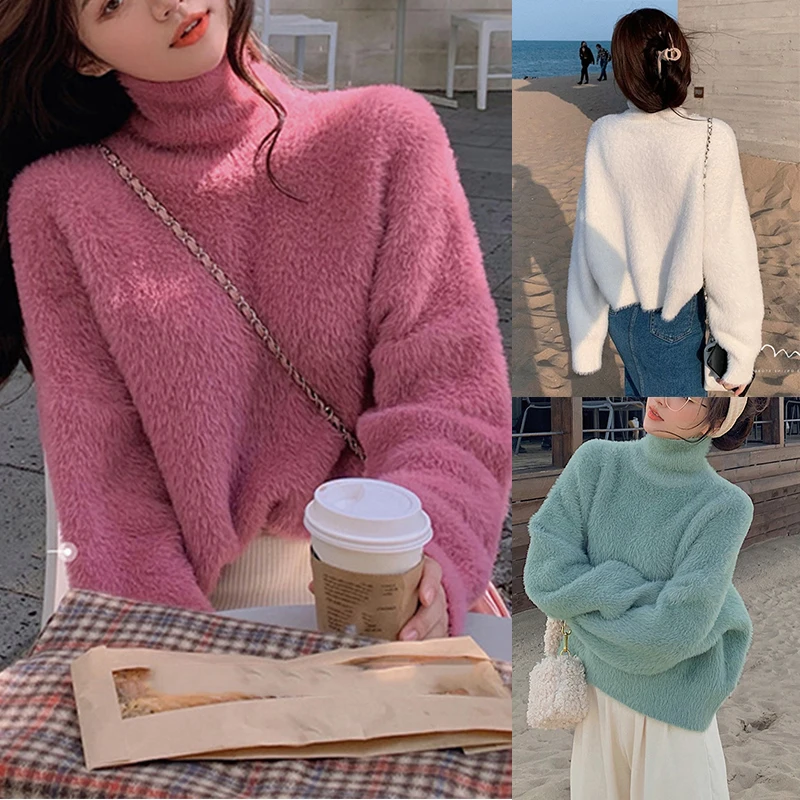 

Женская модная плюшевая мягкая восковая свободная короткая Водолазка пуловер женский топ вязаная одежда один размер