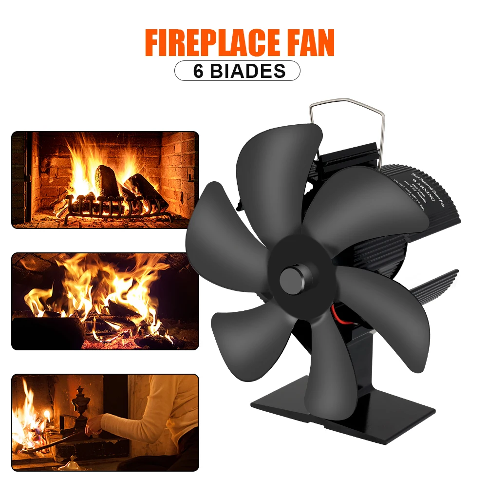 

6 Blades Electricityless Blower Stove Fan Black Fireplace Heat Powered Stove Fan Log Wood Burner Quiet Home Heat Distribut