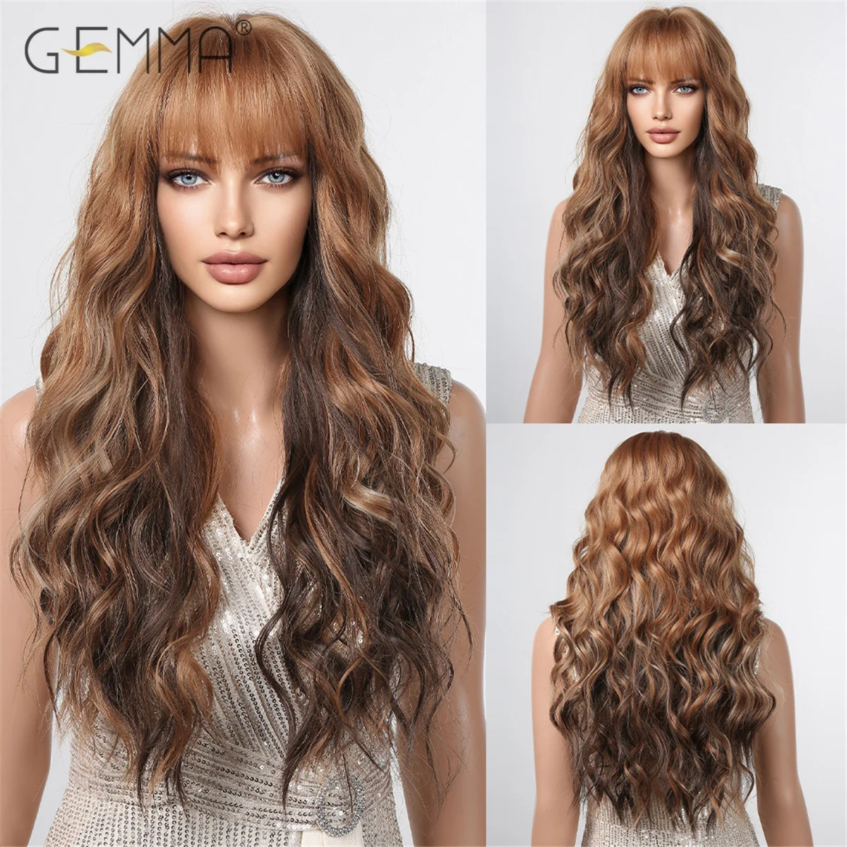 

GEMMA Mixed Golden Dark Brown Long Wavy Wig with Bangs Synthetic Curly Natural Hair Women's Wig for Cosplay Daily Heat Resistant