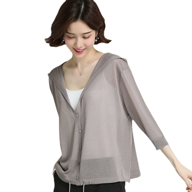 Солнцезащитная рубашка с капюшоном вязаный свитер из ледяного шелка Женская