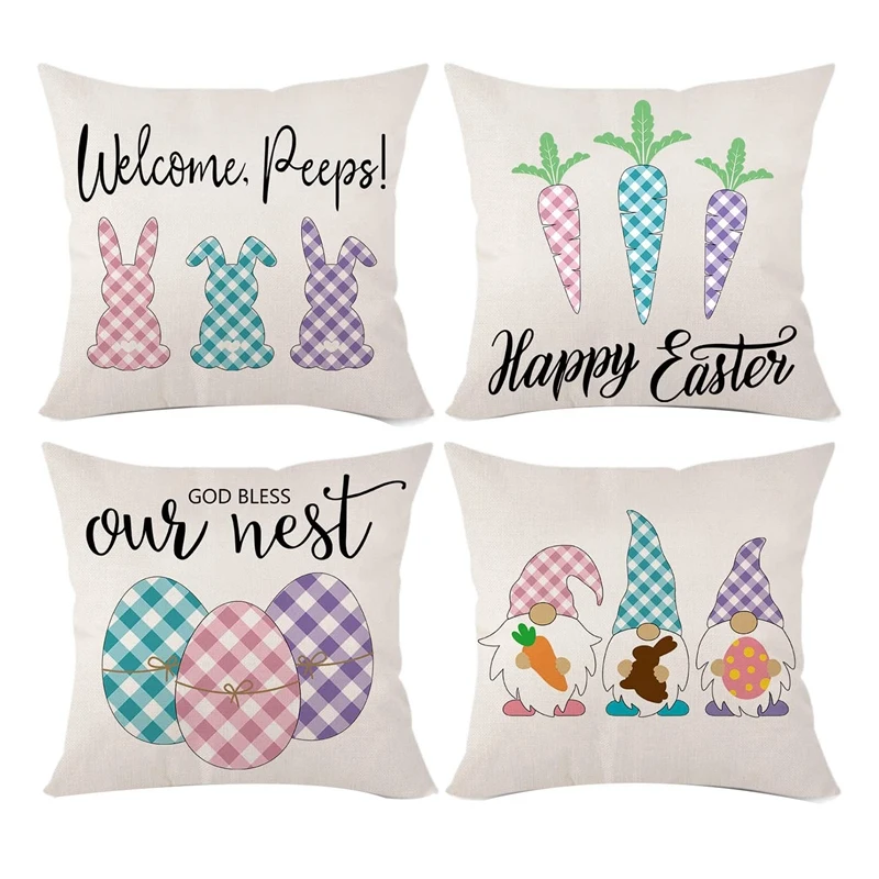 

4 Pack Easter Throw Pillow Covers 18X18inch, Happy Easter Bunny Easter Eggs Carrots Gnomes Pillow Covers