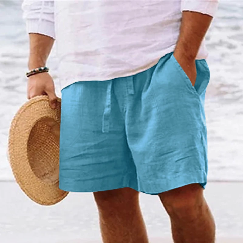 

New Men's Summer Loose Cotton Linen Shorts Outdoor Casual Breathable Fitness Sports Short Pants Daily Solid Color Lace Up Shorts