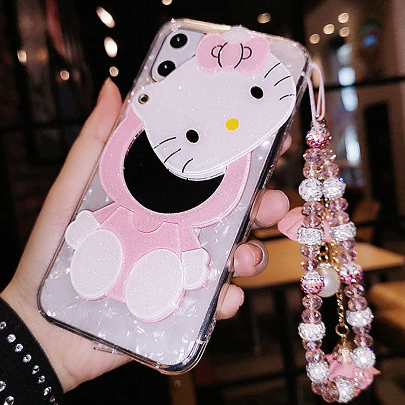 Hello Kitty with Hanadama Lanyard Fur Ball Phone Cases For iPhone 13 12 11 Pro Max Mini XR XS MAX 8 X 7 SE 2020 Back Cover