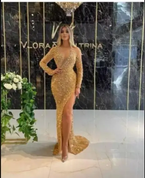 

Verngo Luxury Gold Mermaid Evening Dresses Long Sleeves High Side Slit Floor Length Dubai Women Formal Prom Dress Vestidos