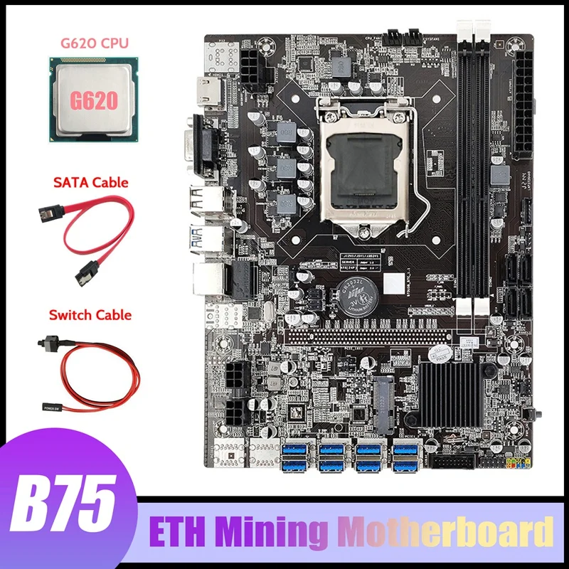 

NEW-B75 ETH Mining Motherboard 8XPCIE USB Adapter+G620 CPU+SATA Cable+Switch Cable LGA1155 MSATA B75 USB Miner Motherboard