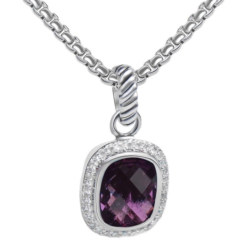

12mm*10mm Cushion Cut Purple Cubic Zirconia Pendant Necklace Trendy Rectangular CZ Statement Necklace Jewelry for Women Gift