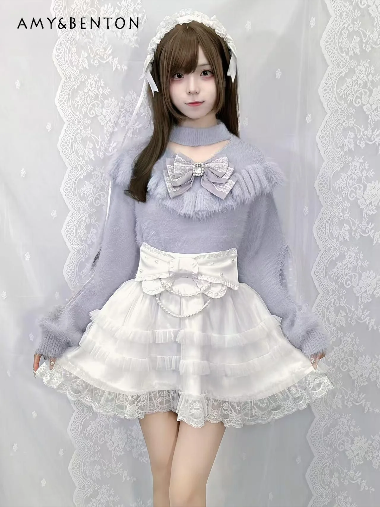 Японская серия Mine массовое производство свитер с кружевным бантом и лямкой на