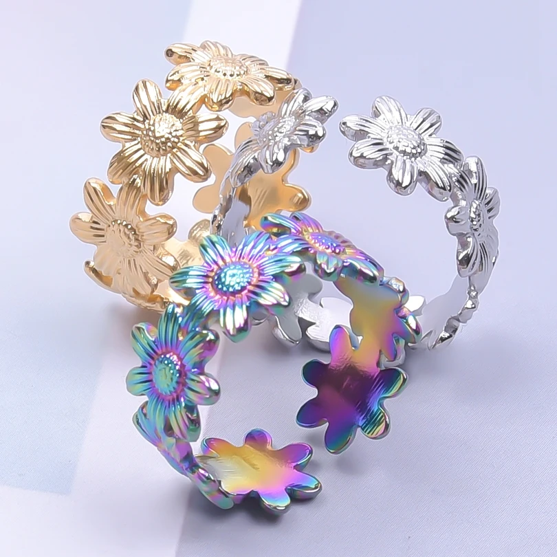 Минималистичное и модное женское кольцо из нержавеющей стали с маргариткой, простое и регулируемое золотистое Открытое кольцо с цветком, ювелирные изделия, 5 шт.