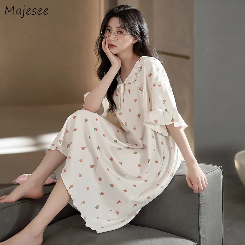 

Nightgowns Women Sweet New Arrival Cute Sleepshirts Thin Ins Printed Bow Summer Korean Style Sweet Young Casual Fashion Soft Hot